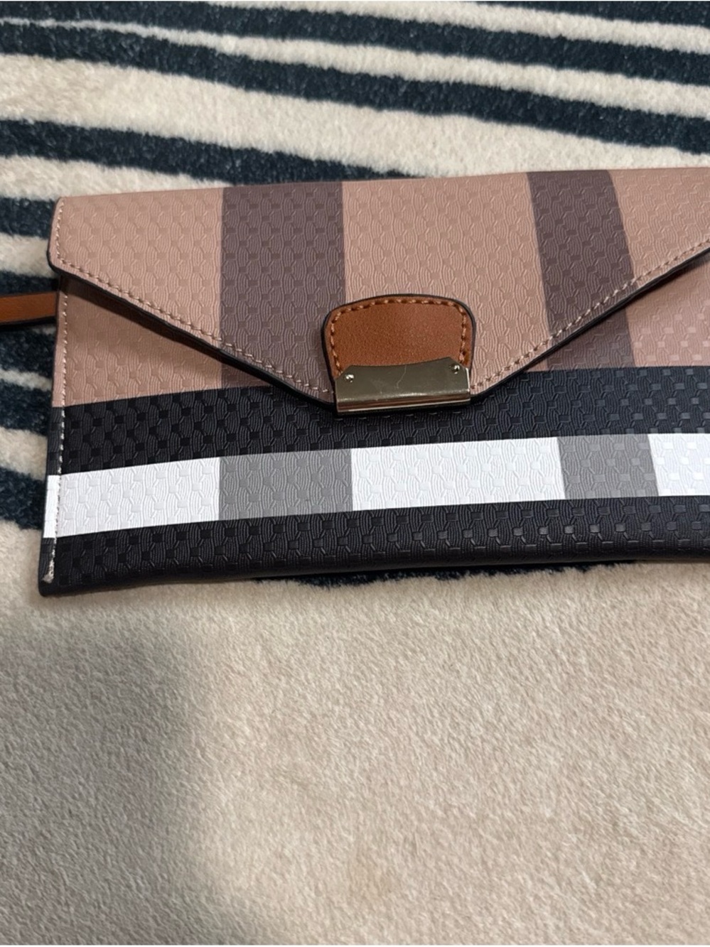 Striped Envelope Clutch - Taupe, Brown & Black